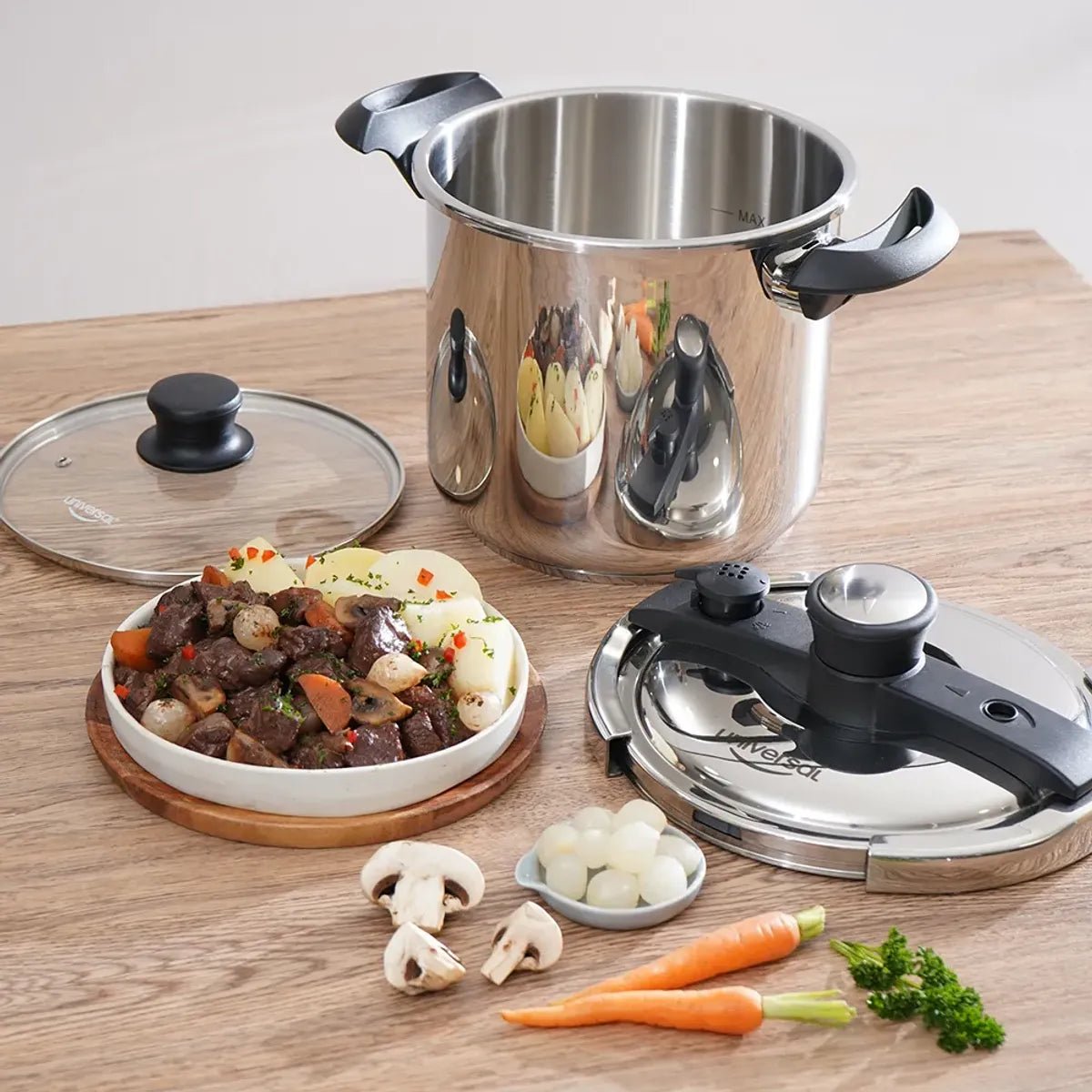 Olla a presión Easy Click 7.5L Universal en acero inxidable con tapa de vidrio - Muebles Dummi