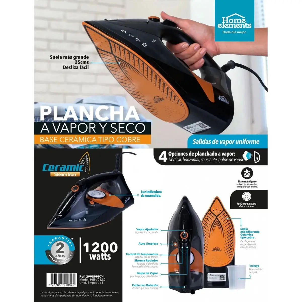 Plancha a Vapor y Seco Steam Iron Ceramic - Home Elements - Muebles Dummi