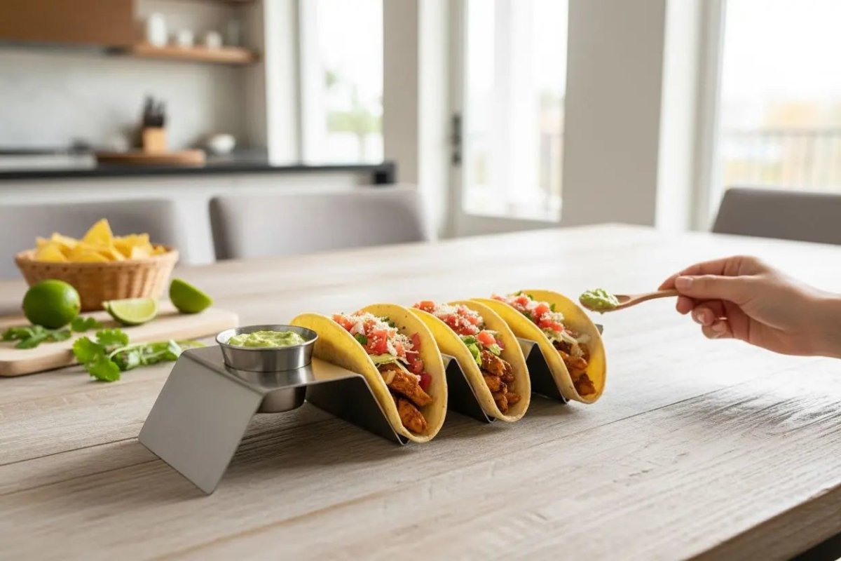 Porta - Soporte Para Tacos Con Salsera en Acero Inoxidable Muebles Dummi