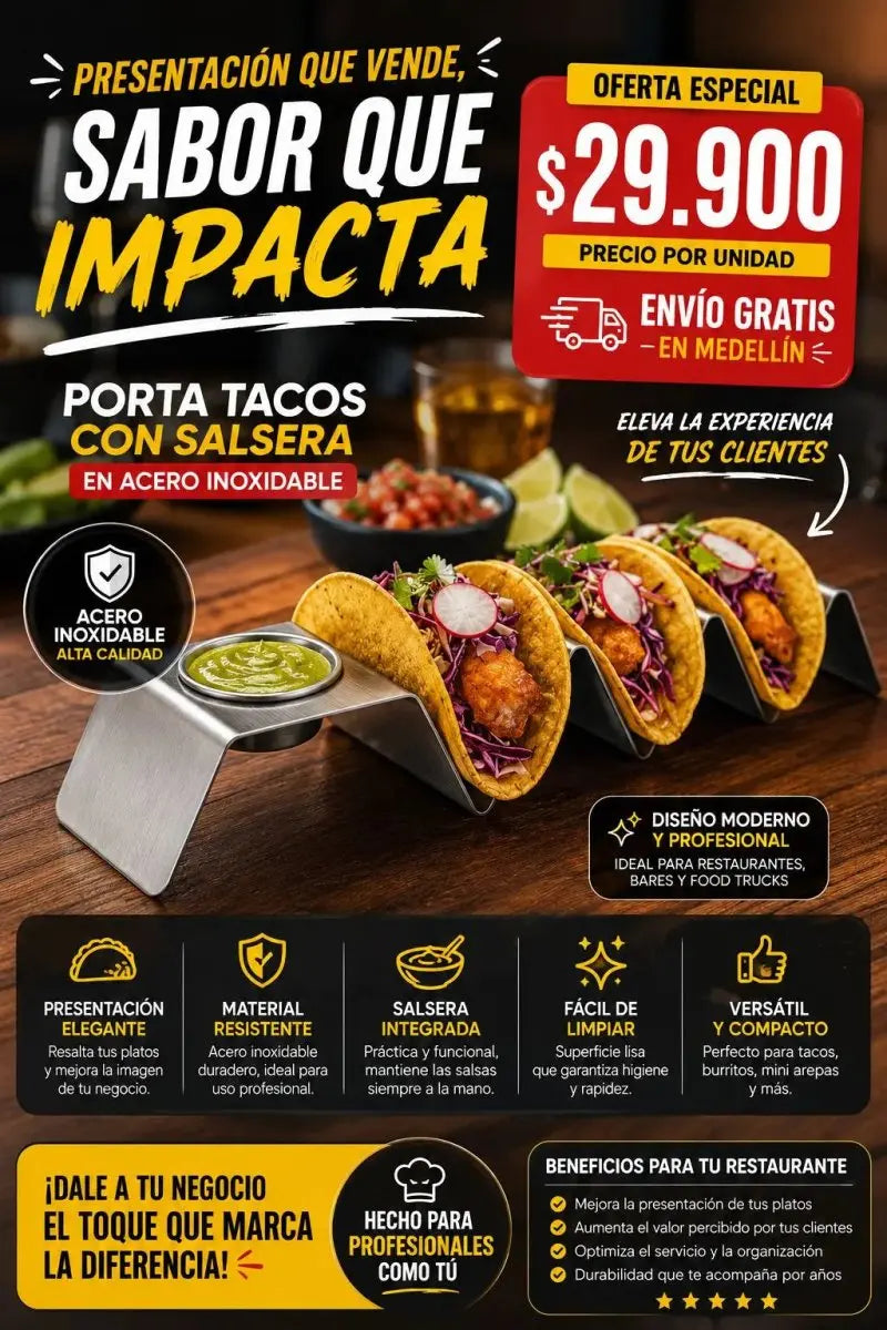 Porta - Soporte Para Tacos Con Salsera en Acero Inoxidable Muebles Dummi