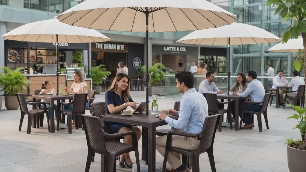 Juego de Comedor Eterna Rimax Con Parasol - 4 Sillas + Mesa + Base