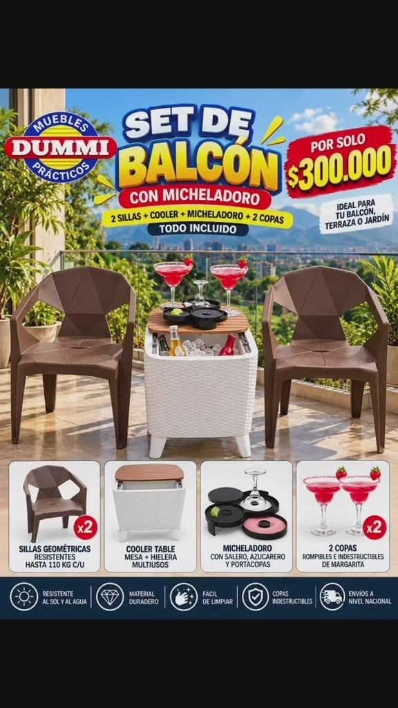 Set de Balcon - 2 Sillas Geometrica Con Mesa Hielera Cooler