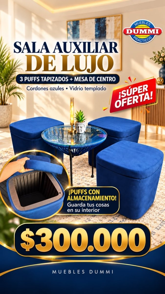 Sala Auxiliar Dummi - 3 Puff Con Mesa de Centro - Muebles Dummi