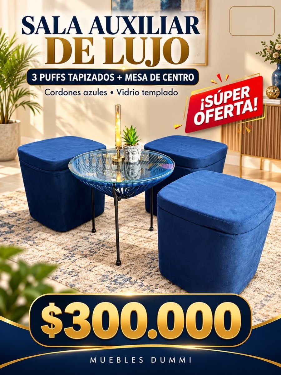 Sala Auxiliar Dummi - 3 Puff Con Mesa de Centro - Muebles Dummi