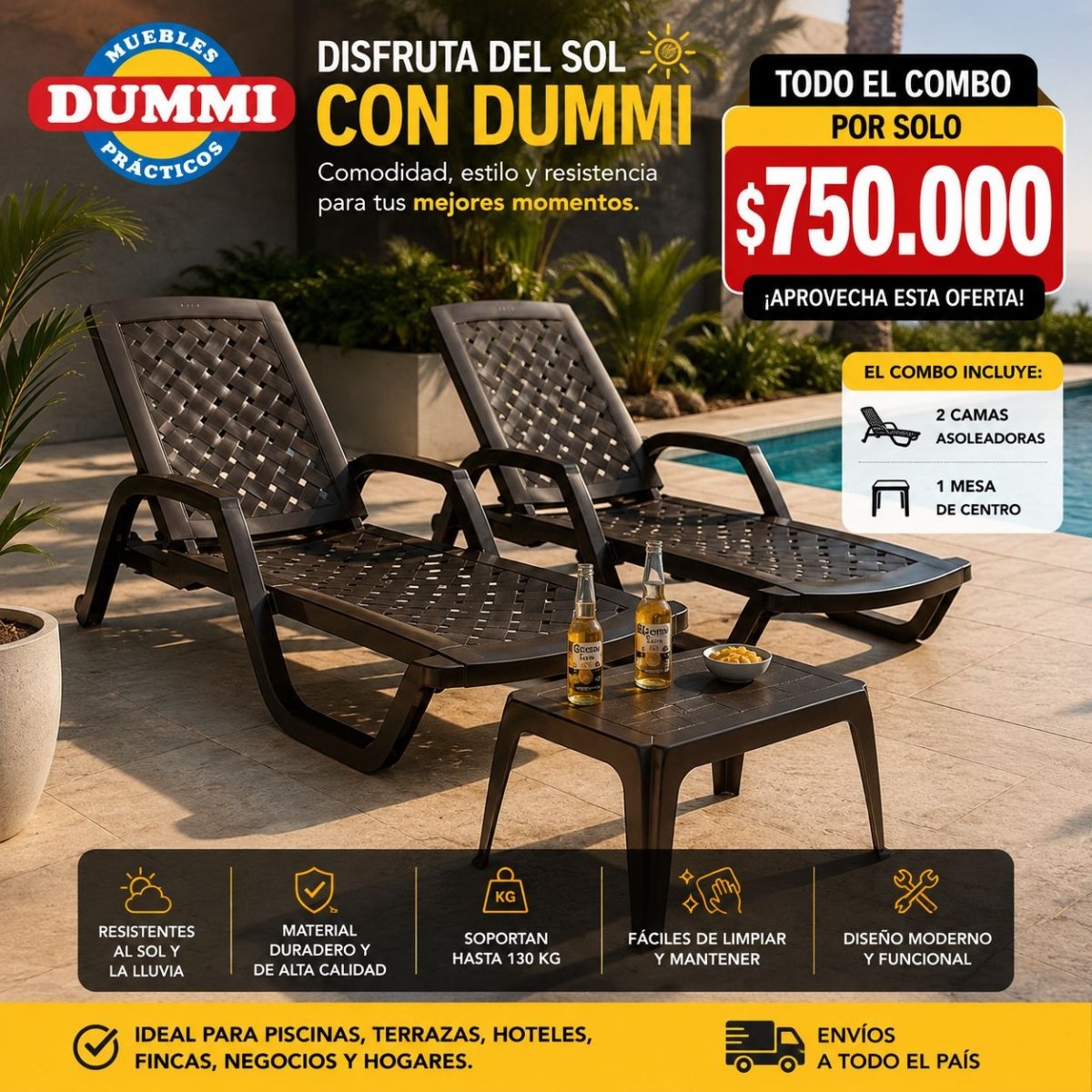 Set de 2 Camas Asoleadoras Rimax Con Mesa de Centro - Muebles Dummi