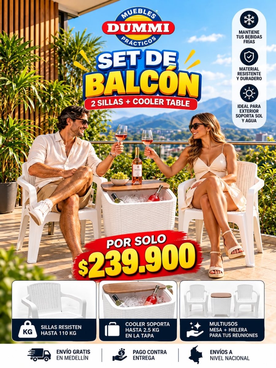 Set de Balcon - 2 Sillas Apariencia Rattan Con Mesa Hielera Cooler - Muebles Dummi