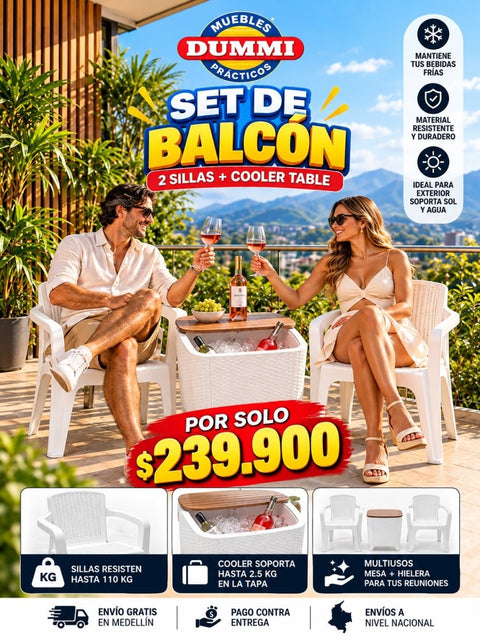 Set de Balcon - 2 Sillas Apariencia Rattan Con Mesa Hielera Cooler - Muebles Dummi