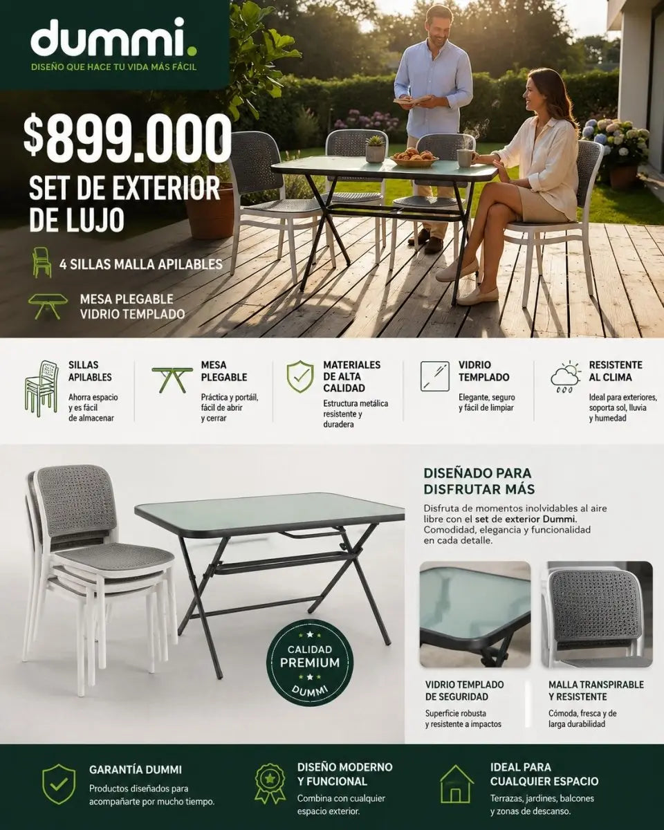 Set de Exterior de Lujo - 4 Sillas Con Mesa Plegable de Vidrio - Muebles Dummi