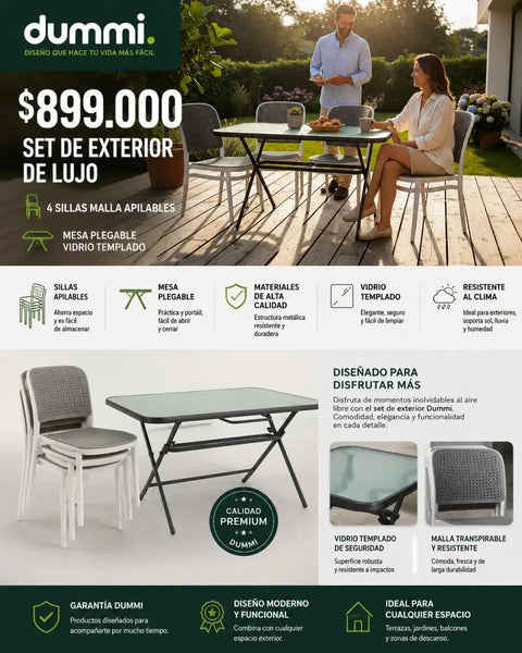 Set de Exterior de Lujo - 4 Sillas Con Mesa Plegable de Vidrio - Muebles Dummi