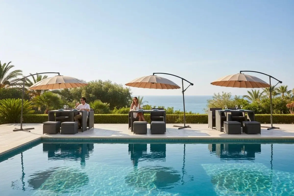 Set de Lujo Para Exterior - Parasol Con Set de 4 Puestos - Muebles Dummi