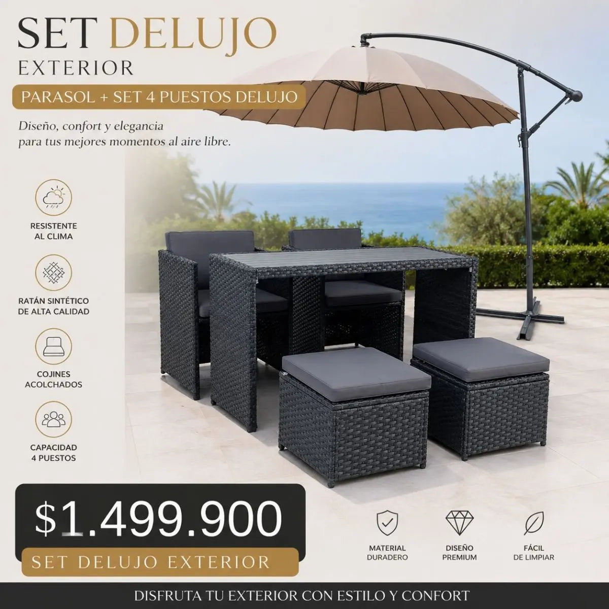 Set de Lujo Para Exterior - Parasol Con Set de 4 Puestos - Muebles Dummi