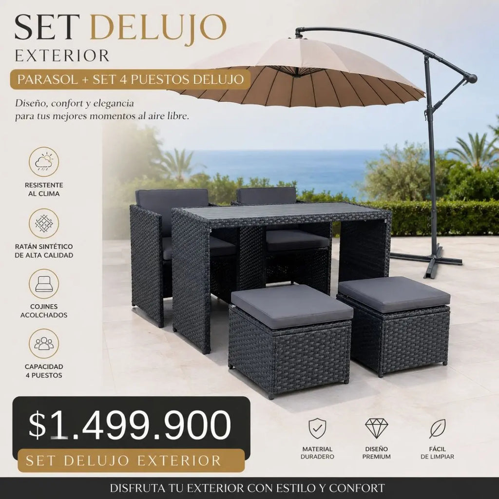 Set de Lujo Para Exterior - Parasol Con Set de 4 Puestos - Muebles Dummi