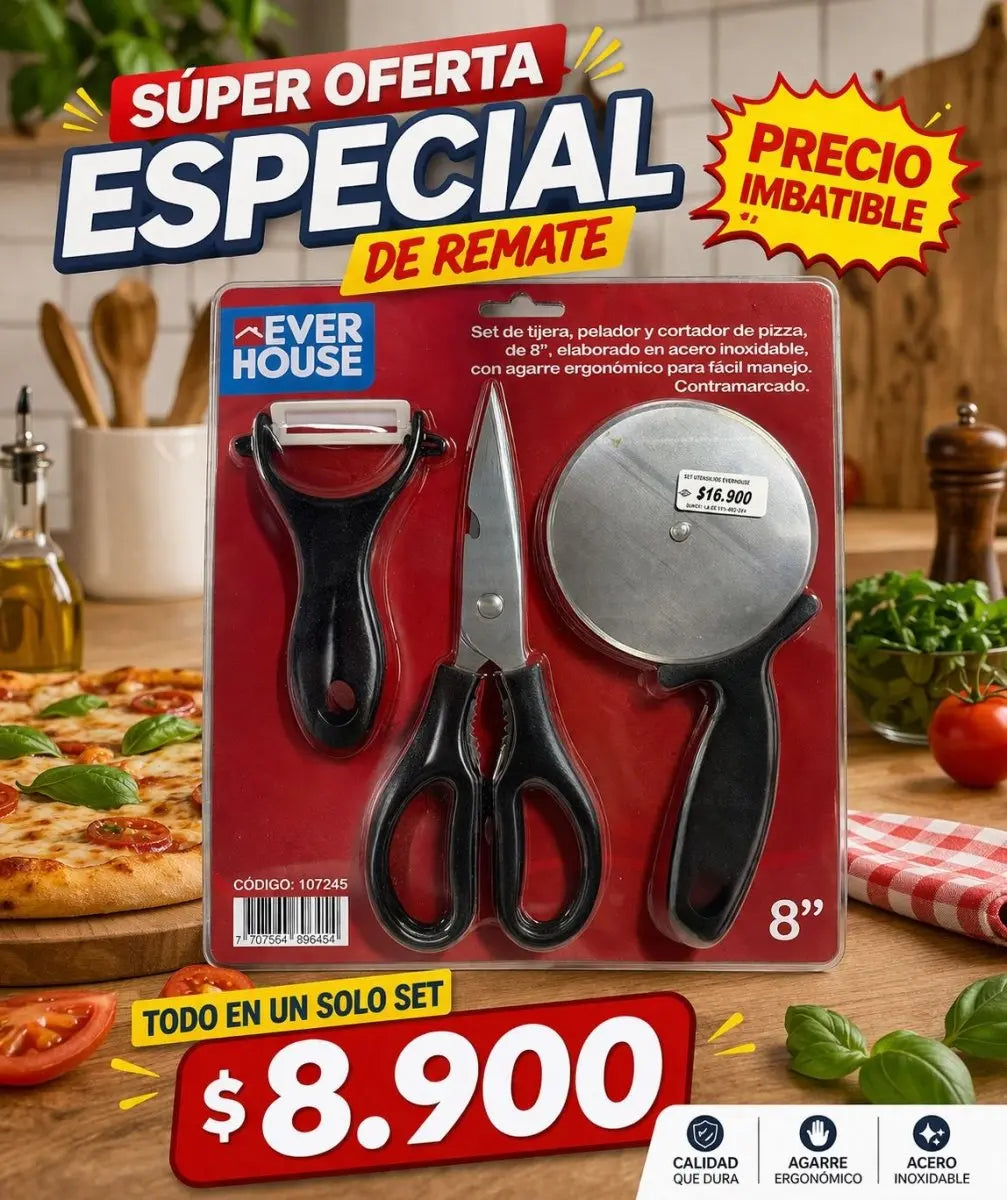 Super Oferta! Set Tijera + Pelador + Cortador de Pizza - Muebles Dummi