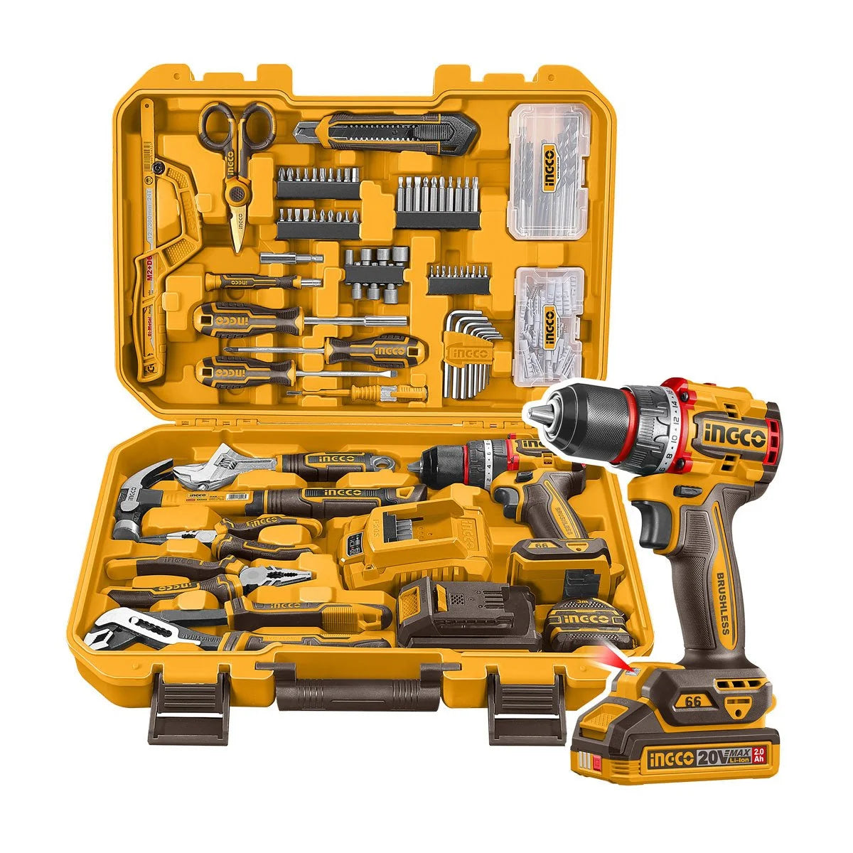 Set Herramientas INGCO 166 Piezas + Taladro 20V UHKTHP41662