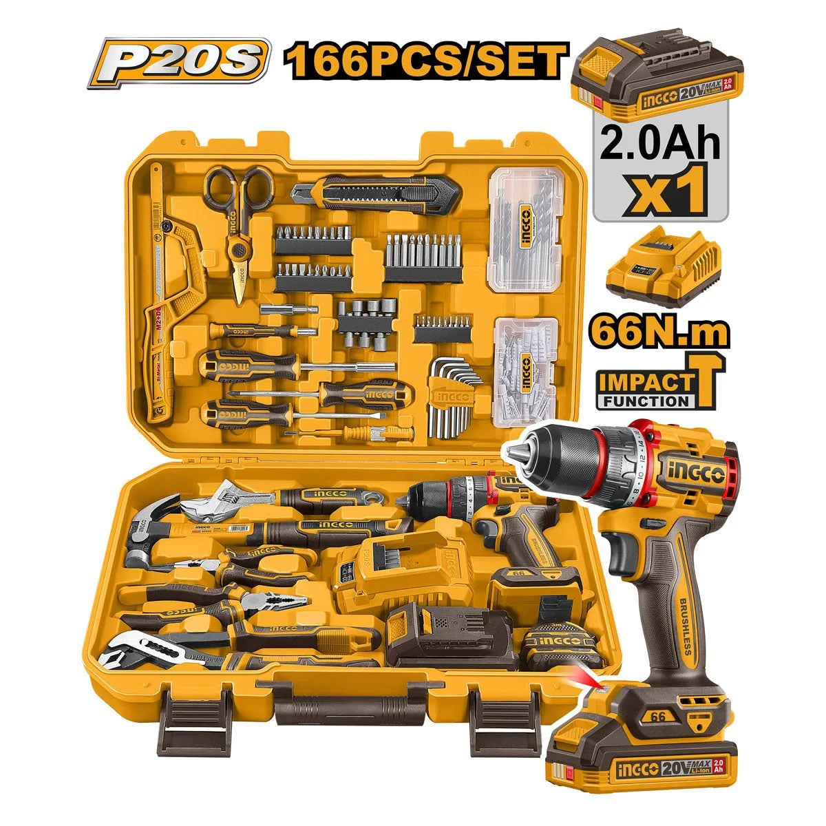 Set Herramientas INGCO 166 Piezas + Taladro 20V UHKTHP41662