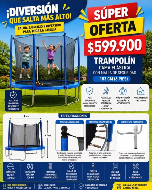 Trampolín Cama Elástica Con Malla De Seguridad De 1.83 Metros Color Azul/Negro - Muebles Dummi
