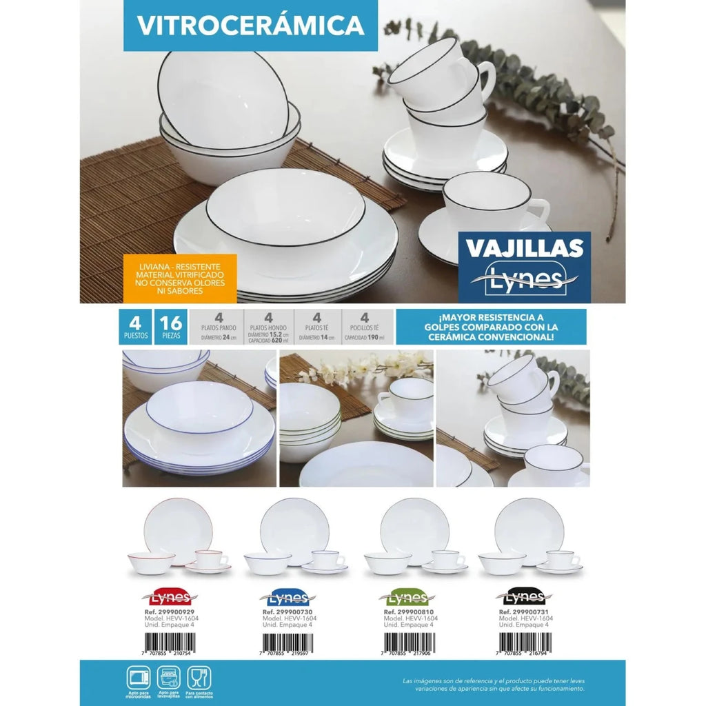 Vajilla de Vitrocerámica Lynes 16 Piezas – 4 Puestos - Muebles Dummi