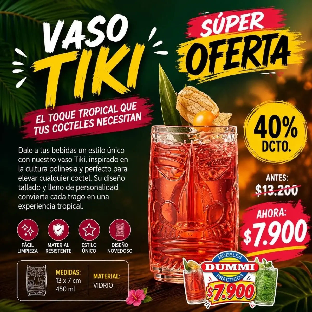 Vaso Tiki Tropical Vidrio - Muebles Dummi