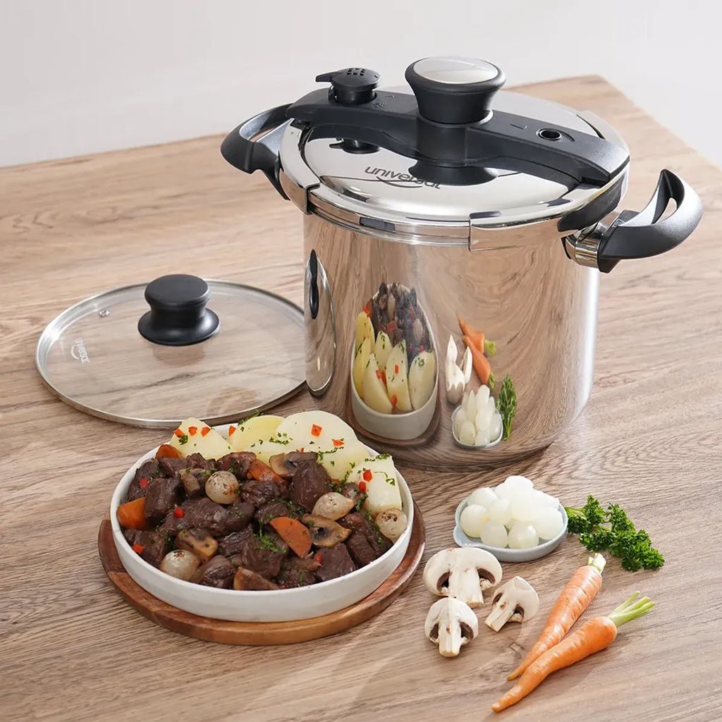 Olla a presión Easy Click 7.5L Universal en acero inxidable con tapa de vidrio